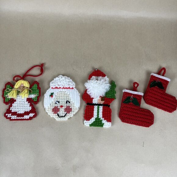 Handcrafted Other - 5 VTG Crocheted Plastic Canvas Christmas Handmade Ornaments Santa Angel Stocking